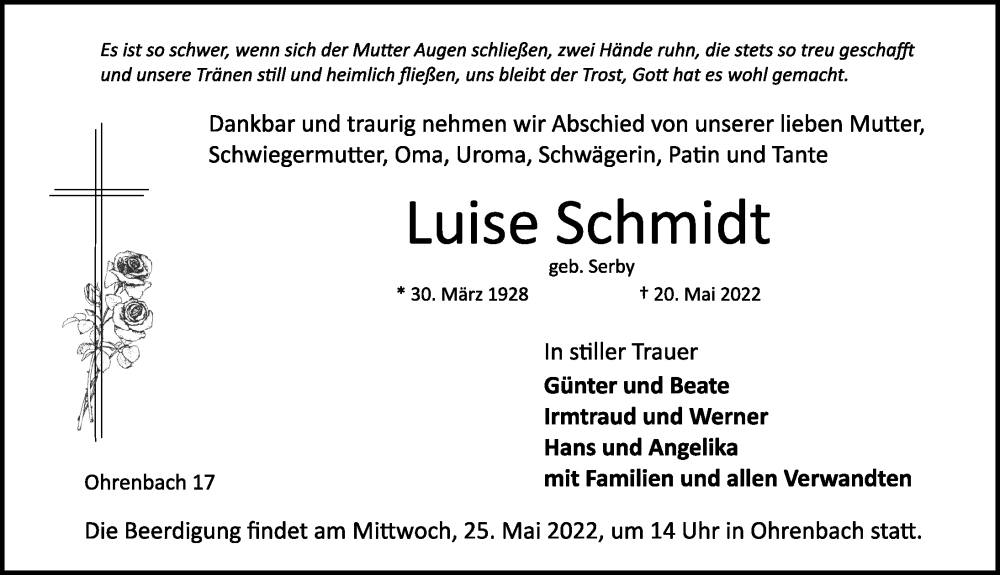  Traueranzeige für Luise Schmidt vom 24.05.2022 aus Rothenburg