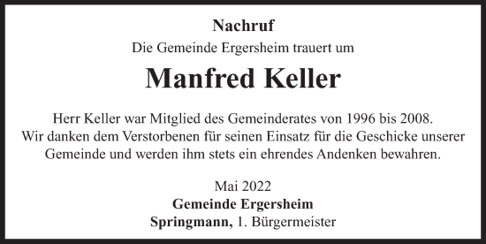 Traueranzeige von Manfred Keller von Neustadt/ Scheinfeld/ Uffenheim