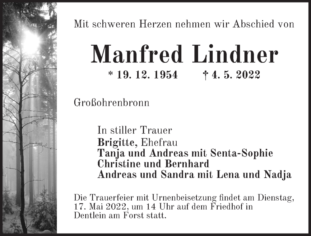  Traueranzeige für Manfred Lindner vom 14.05.2022 aus Dinkelsbühl/ Feuchtwangen