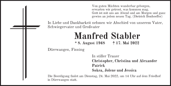 Traueranzeige von Manfred Stabler von Dinkelsbühl/ Feuchtwangen