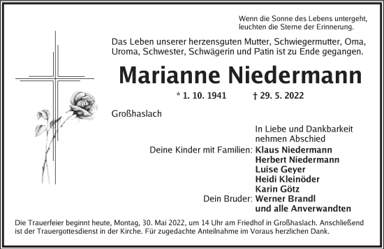 Traueranzeige von Marianne Niedermann von Ansbach