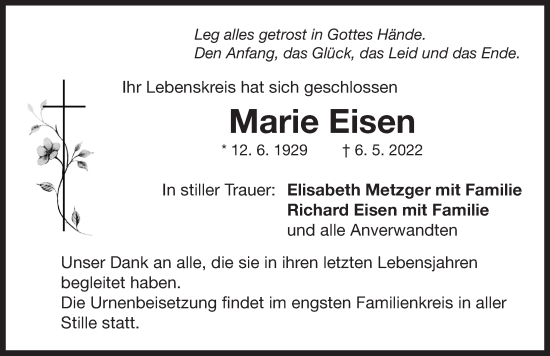 Traueranzeige von Marie Eisen von Neustadt/ Scheinfeld/ Uffenheim