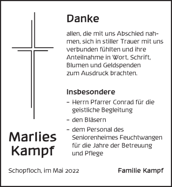 Traueranzeige von Marlies Kampf von Dinkelsbühl/ Feuchtwangen