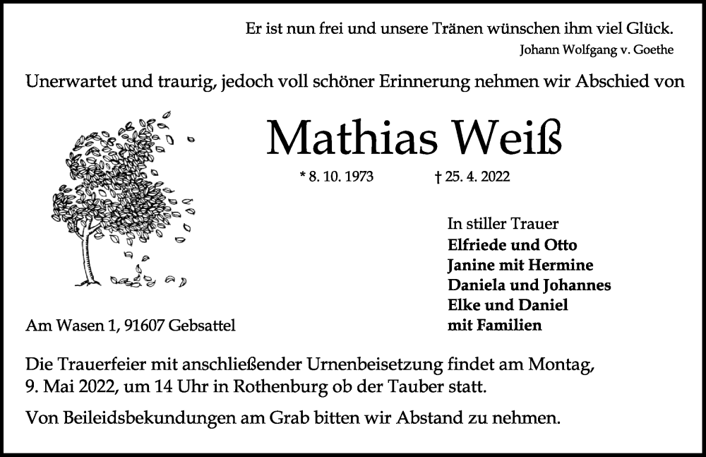  Traueranzeige für Mathias Weiß vom 05.05.2022 aus Rothenburg