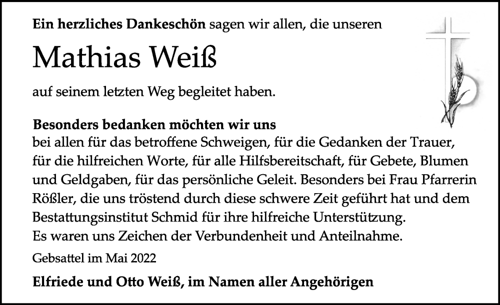  Traueranzeige für Mathias Weiß vom 25.05.2022 aus Rothenburg