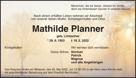 Traueranzeige von Mathilde Planner von Dinkelsbühl/ Feuchtwangen