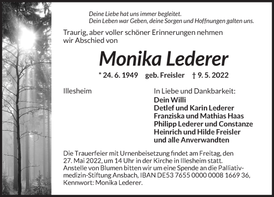 Traueranzeige von Monika Lederer von Neustadt/ Scheinfeld/ Uffenheim