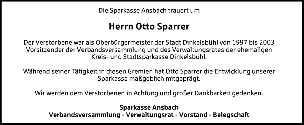  Traueranzeige für Otto Sparrer vom 21.05.2022 aus Dinkelsbühl/ Feuchtwangen