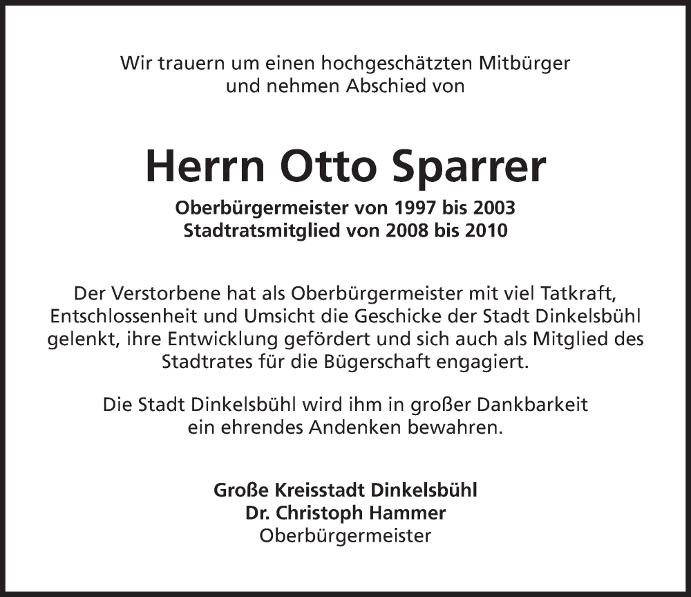  Traueranzeige für Otto Sparrer vom 18.05.2022 aus Dinkelsbühl/ Feuchtwangen