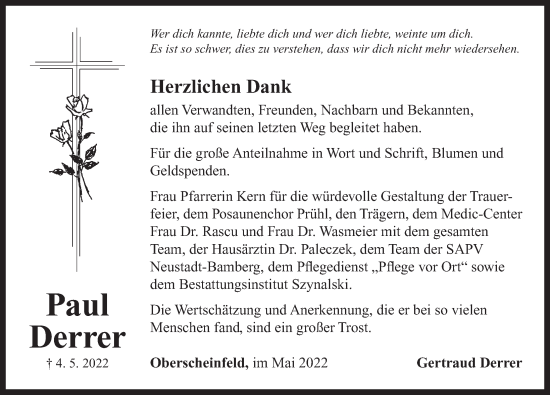 Traueranzeige von Paul Derrer von Neustadt/ Scheinfeld/ Uffenheim