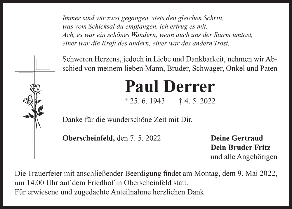 Traueranzeige für Paul Derrer vom 06.05.2022 aus Neustadt/ Scheinfeld/ Uffenheim