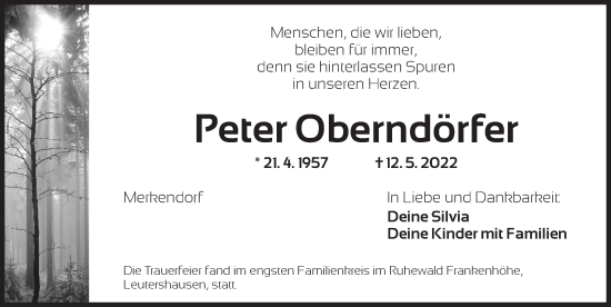 Traueranzeige von Peter Oberndörfer von Ansbach