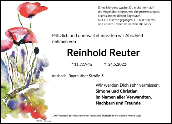 Traueranzeige von Reinhold Reuter von Ansbach