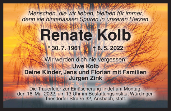 Traueranzeige von Renate Kolb von Ansbach