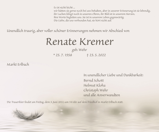 Traueranzeige von Renate Kremer von Neustadt/ Scheinfeld/ Uffenheim