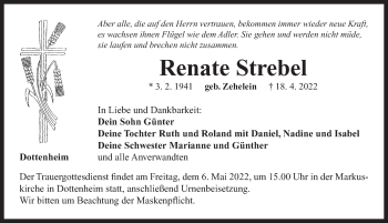 Traueranzeige von Renate Strebel von Neustadt/ Scheinfeld/ Uffenheim