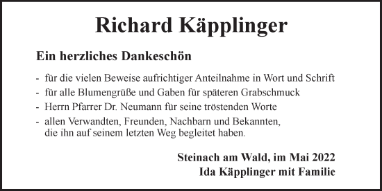 Traueranzeige von Richard Käpplinger von Rothenburg