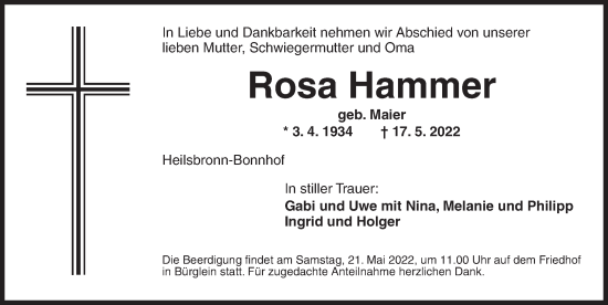 Traueranzeige von Rosa Hammer von Ansbach