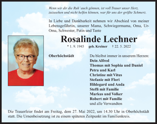 Traueranzeige von Rosalinde Lechner von Neustadt/ Scheinfeld/ Uffenheim