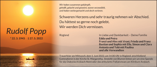 Traueranzeige von Rudolf Popp von Ansbach