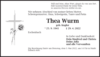 Traueranzeige von Thea Wurm von Neustadt/ Scheinfeld/ Uffenheim