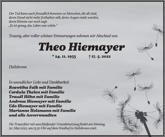 Traueranzeige von Theo Hiemayer von Ansbach