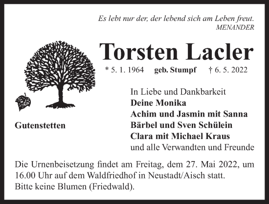 Traueranzeige von Torsten Lacler von Neustadt/ Scheinfeld/ Uffenheim
