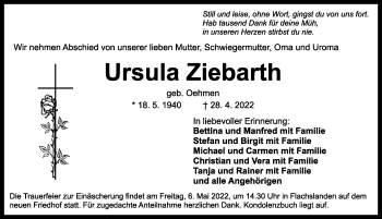 Traueranzeige von Ursula Ziebarth von Ansbach