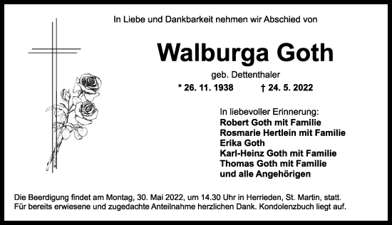 Traueranzeige von Walburga Goth von Ansbach