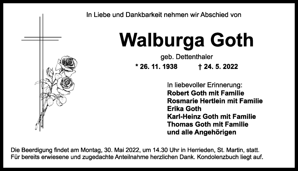  Traueranzeige für Walburga Goth vom 25.05.2022 aus Ansbach