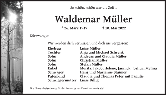 Traueranzeige von Waldemar Müller von Dinkelsbühl/ Feuchtwangen