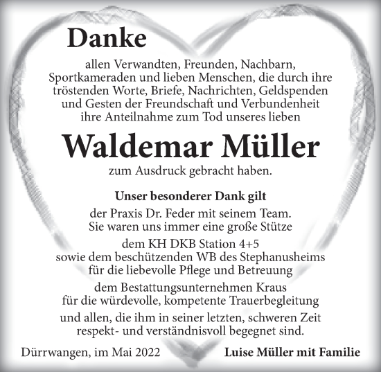 Traueranzeige von Waldemar Müller von Dinkelsbühl/ Feuchtwangen