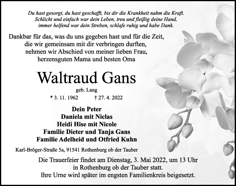  Traueranzeige für Waltraud Gans vom 02.05.2022 aus Rothenburg