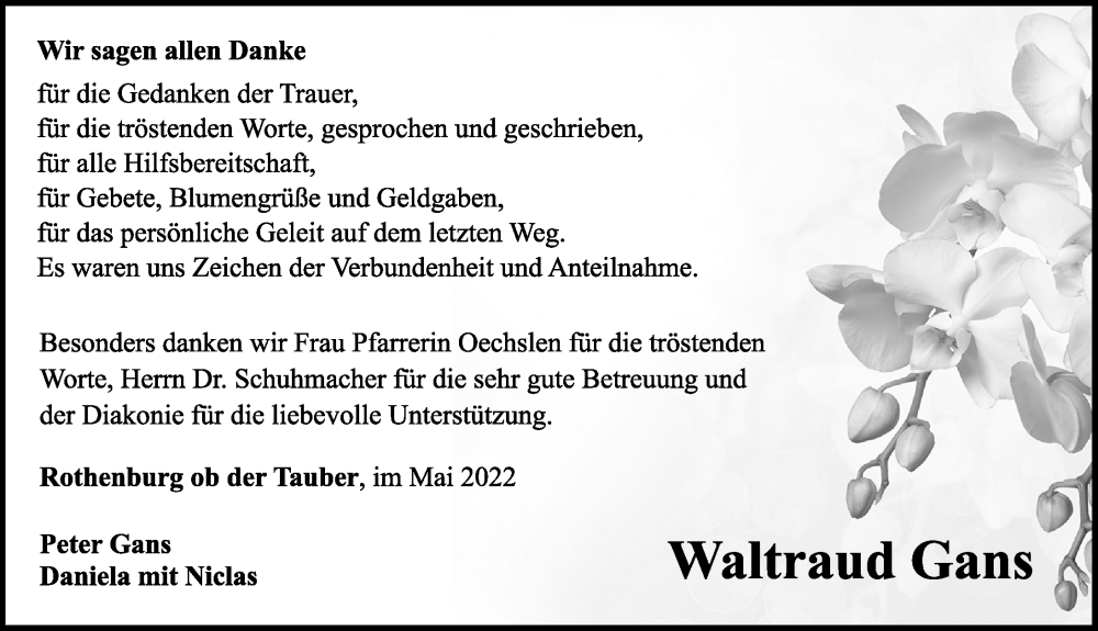  Traueranzeige für Waltraud Gans vom 21.05.2022 aus Rothenburg