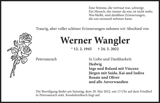 Traueranzeige von Werner Wangler von Ansbach