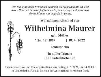 Traueranzeige von Wilhelmina Maurer von Dinkelsbühl/ Feuchtwangen