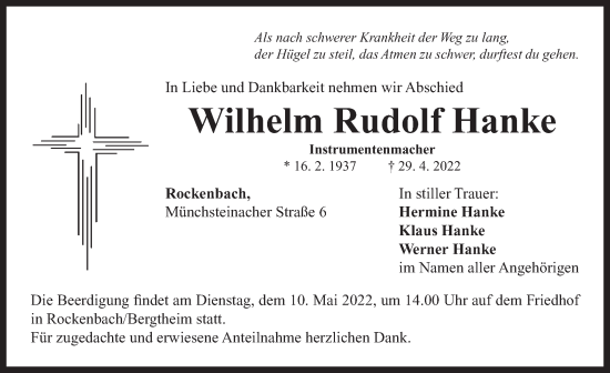 Traueranzeige von Wilhelm Rudolf Hanke von Neustadt/ Scheinfeld/ Uffenheim