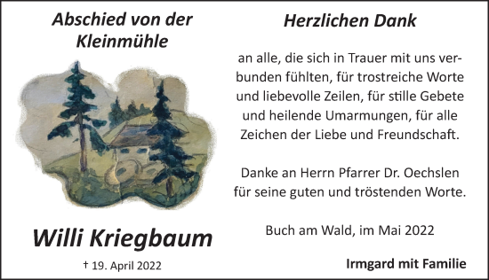 Traueranzeige von Willi Kriegbaum von Ansbach