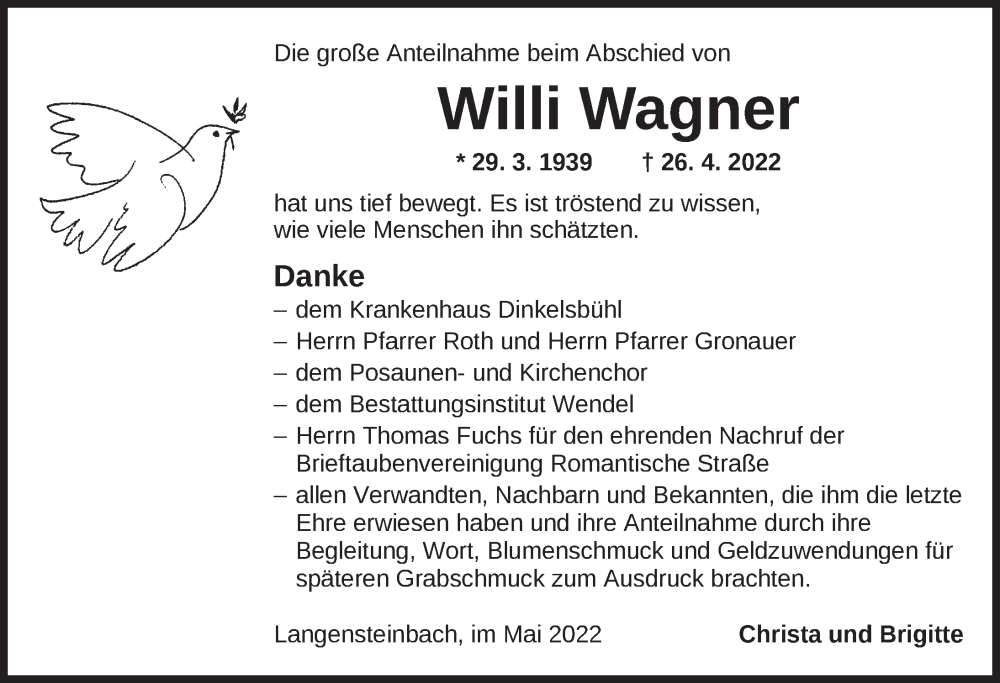  Traueranzeige für Willi Wagner vom 18.05.2022 aus Dinkelsbühl/ Feuchtwangen
