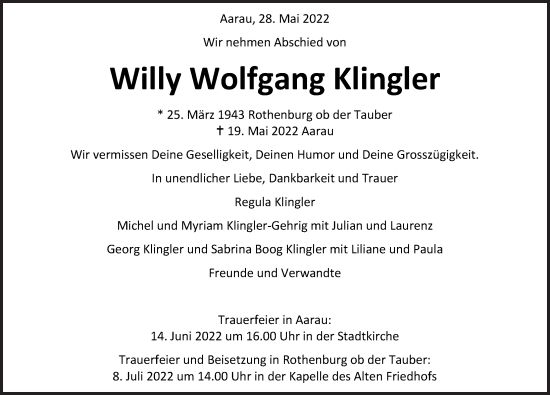 Traueranzeige von Willy Wolfgang Klingler von Rothenburg