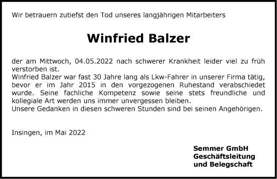 Traueranzeige von Winfried Balzer von Rothenburg