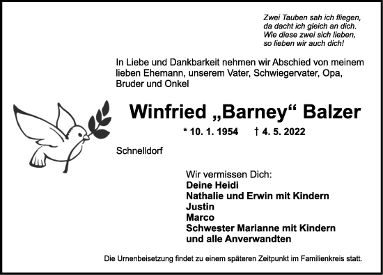 Traueranzeige von Winfried Balzer von GE