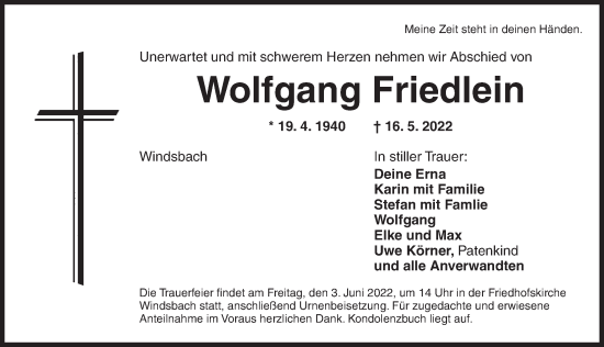 Traueranzeige von Wolfgang Friedlein von Ansbach