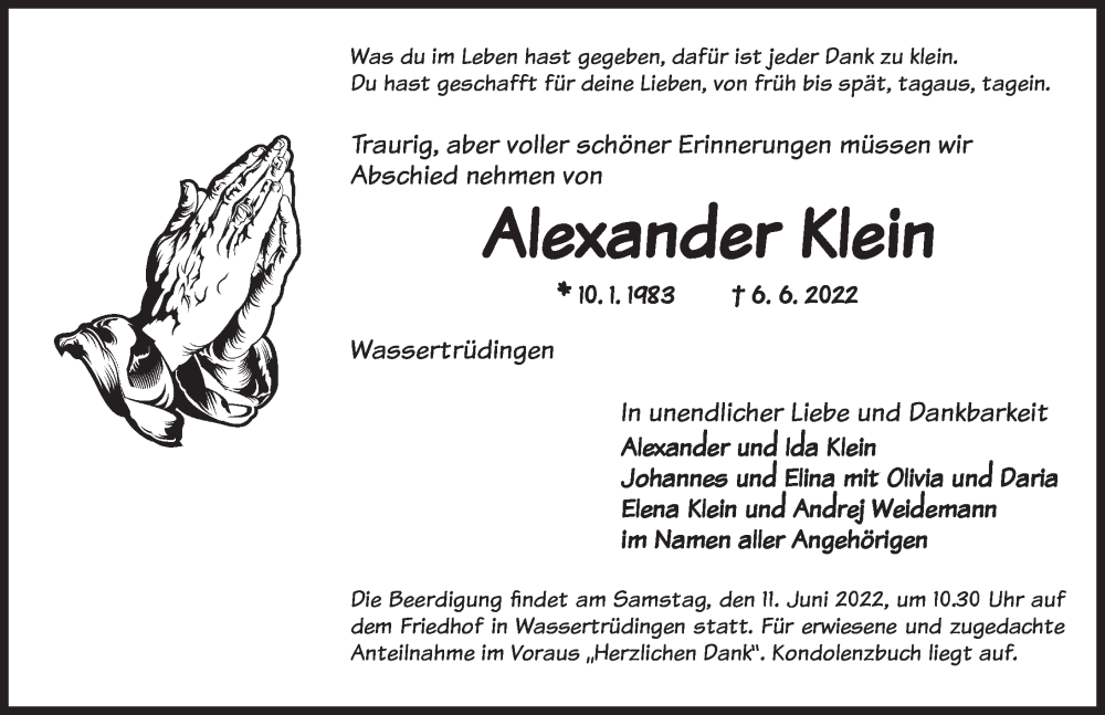  Traueranzeige für Alexander Klein vom 10.06.2022 aus Dinkelsbühl/ Feuchtwangen
