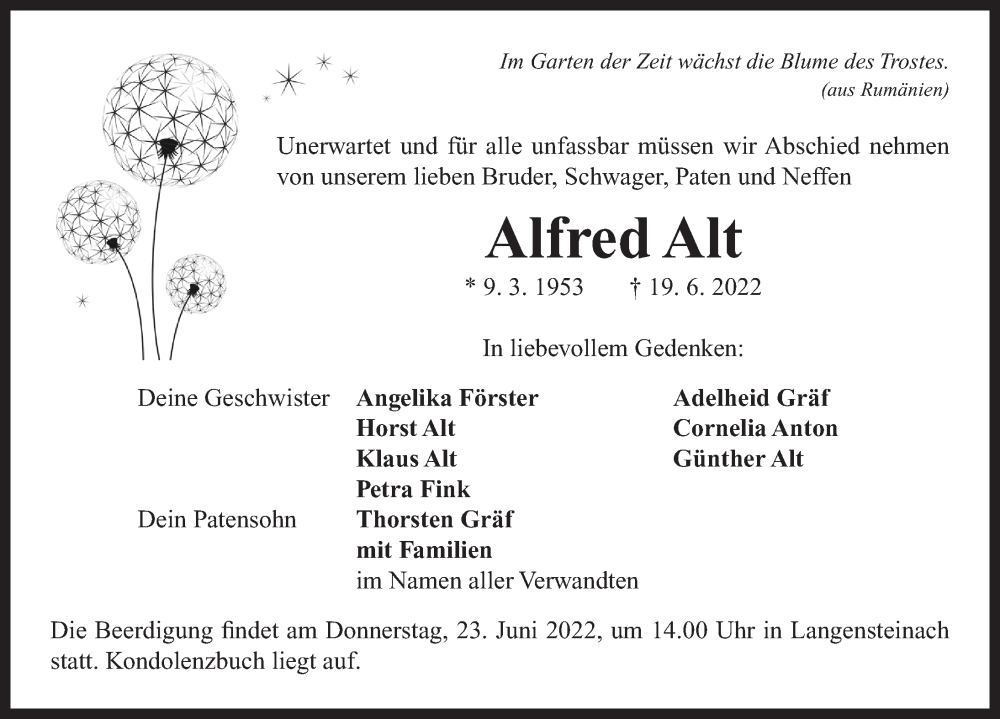  Traueranzeige für Alfred Alt vom 22.06.2022 aus Neustadt/ Scheinfeld/ Uffenheim