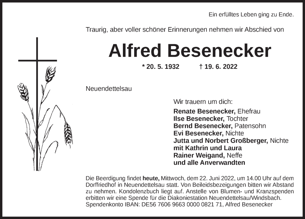  Traueranzeige für Alfred Besenecker vom 22.06.2022 aus Ansbach