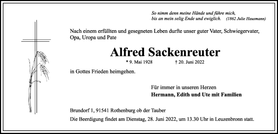 Traueranzeige von Alfred Sackenreuter von Rothenburg