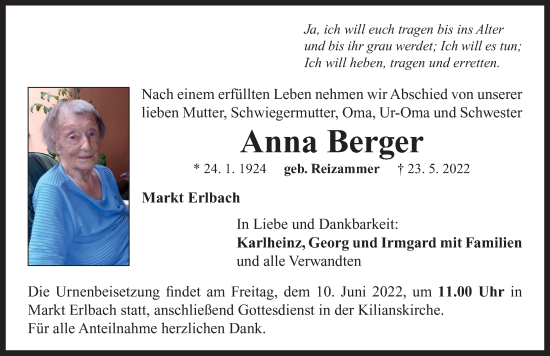 Traueranzeige von Anna Berger von Neustadt/ Scheinfeld/ Uffenheim