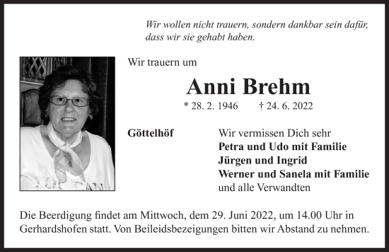 Traueranzeige von Anni Brehm von Neustadt/ Scheinfeld/ Uffenheim