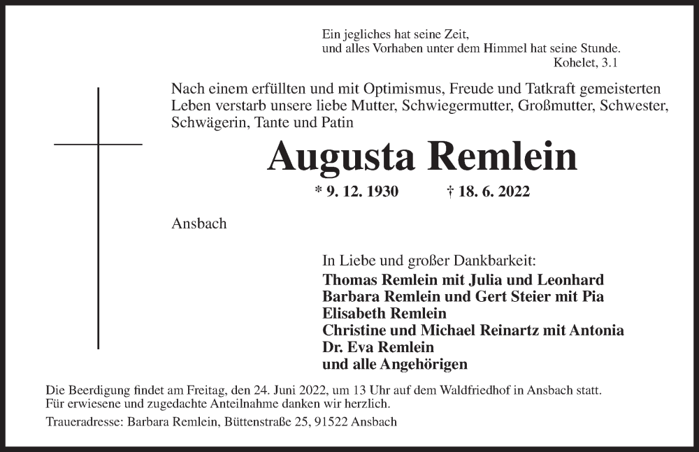  Traueranzeige für Augusta Remlein vom 21.06.2022 aus Ansbach